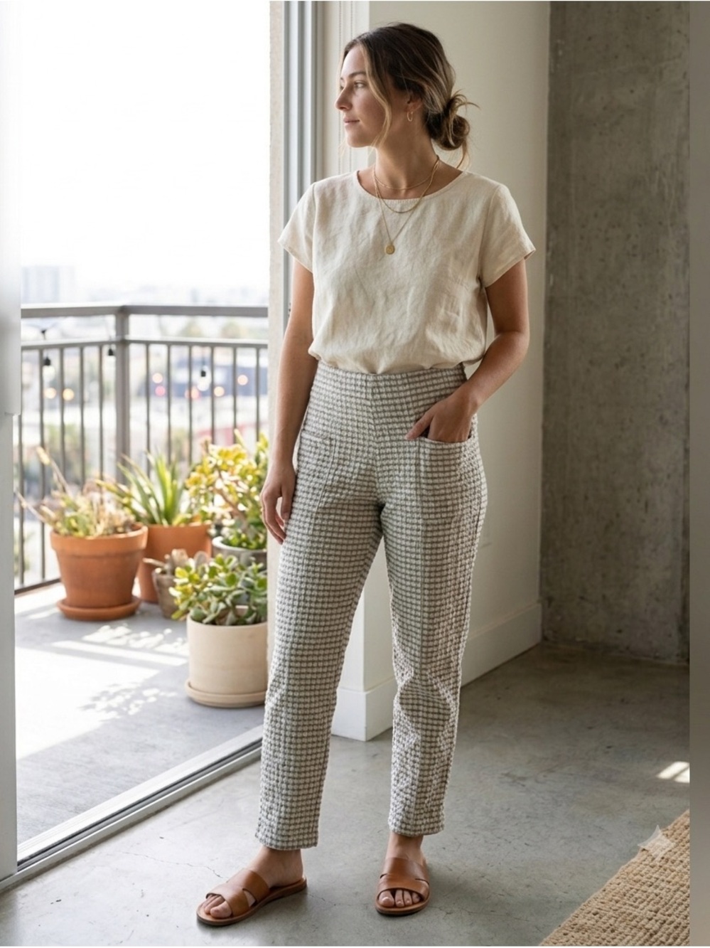 SEEA Made in California Textured Grid Seersucker Tapered Pants -‎ Neutral Size M
